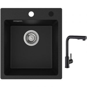 Cecipa - Evier Quartz Noir 40x45cm Evier de Cuisine en Granit Evier à Encastrer 1 Vasque + Noir Mitigeur de Cuisine avec Douchette Extractible 2