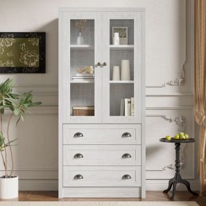 Vitrine gris, meuble de rangement, meuble haut cuisine salon, mdf, 80×34×171cm, 2 portes 3 tiroirs