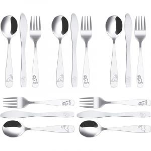 15Pcs Couverts Enfant INOX 5 x Fourchette 5 x Cuill&egrave;re 5 x Couteau Dentel&eacute; S&ucirc;r Couverts Enfant INOX Jungle Dinosaure Grav&eacute; Couvert Bebe INOX pour