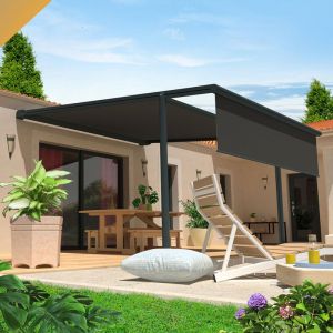Pergola toile pyrite 4,00x4,00 m Motorisé Secours à Télécommande + Coffre led + Lambrequin (Gris anthracite structuré RAL7016ST - Gris graphite)