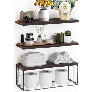 Aiducho - tagères Flottantes En Bois Avec Panier Métallique, Étagère Murale, Étagère à Épices, Étagère Suspendue Pour Salle De Bain, Chambre, Salon,