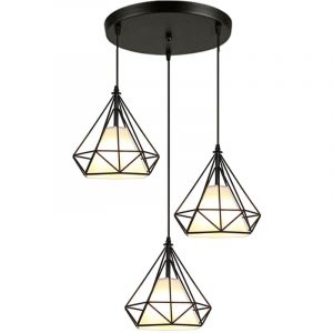 Suspension Cage Forme Diamant Contemporain 20cm Corde Ajustable Luminaire Lustre en Fer Noir E27 Salle &agrave; Manger,Bar,Chambre