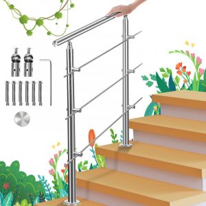 Swanew - Rampe d'escalier en Acier Inoxydable, Garde-Corps pour Jardin Balcon, Main courante en acier inoxydable avec 2 poteaux - 100 cm avec 3