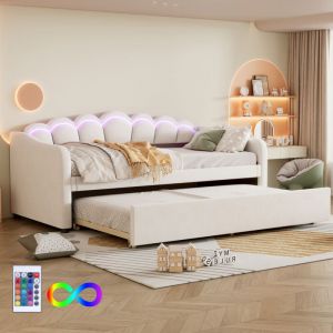 Méridienne, méridienne 90x200cm avec lit gigogne, canapé-lit, lit simple (sans matelas), velours, lumière d'ambiance aux couleurs changeantes,