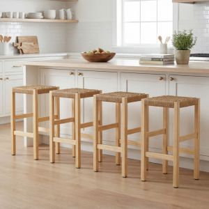 Wahson Tabouret de Bar Lot de 4 en Bois, Chaise de Bar Hauteur 65cm Chaise Haute Cuisine pour Bistrot, Couleur Naturel