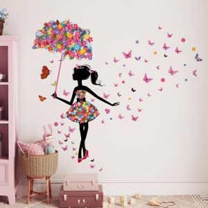 Debuns - Stickers Muraux F&eacute;e Fleur Autocollants Mural Fille Papillon Stickers Muraux Fille Avec Parapluie pour Chambre de B&eacute;b&eacute; P&eacute;pini&egrave;re D'enfant