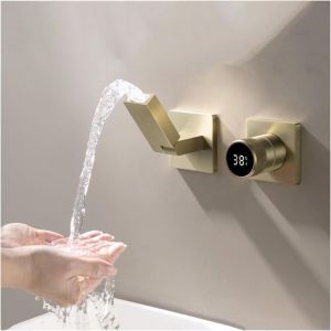 Robinet De Salle De Bain Or Bross&eacute; Avec Affichage Num&eacute;rique LED, Robinet Lavabo Mural Pliable &Agrave; 180&deg; Mitigeur De Lavabo Robinets Cascade De Baignoire