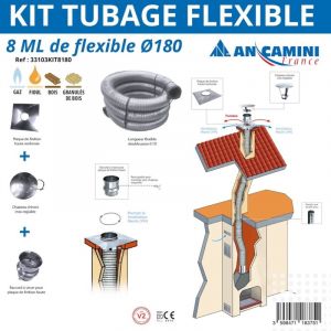 AN CAMINI Kit tubage flexible inox &Oslash;180 &ndash; 8 m&egrave;tres &ndash; avec plaque de finition, chapeau chinois et raccord