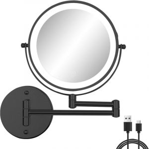 Miroir de courtoisie mural, miroir de rasage double face grossissant 8" 1x/5x pour salle de bain avec 3 lumi&egrave;res de couleur, noir