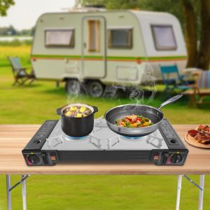 R&eacute;chaud &agrave; gaz barbecue &agrave; double br&ucirc;leur et double usage R&eacute;chaud de camping portable avec r&eacute;chaud de camping &agrave; butane de table Comprend un &eacute;tui, une