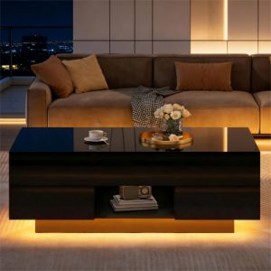 Table basse relevable rectangulaire noire haut brillant, en panneaux de particules, avec LED, 2 tiroirs, 100x45x43 cm