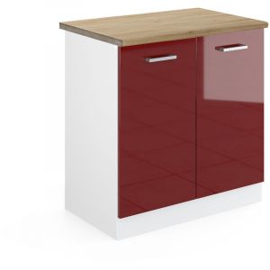 Meuble bas sous-&eacute;vier R-Line, Rouge bordeaux Haute brillance, 80 cm, pt Ch&ecirc;ne Vicco