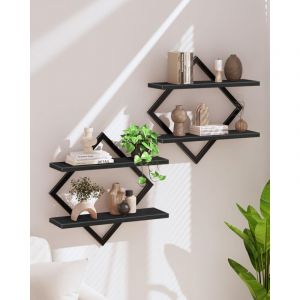 &Eacute;tag&egrave;re flottantes, Lot de 2, &Eacute;tag&egrave;res murales &agrave; 2 Niveaux, Rangements Suspendus avec Cadre m&eacute;tallique losang&eacute;, pour Salon, Chambre, Cuisine, Bureau,