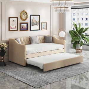 Lit gigogne capitonn&eacute; 90x200 cm ,canap&eacute;-lit extensible, sommier &agrave; lattes en bois, lit simple en lin - beige