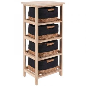 Tendance - Meuble en paulownia 4 paniers en matiere vegetale et coton - naturel noir