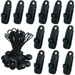 24x Clip de Tente B&acirc;che avec 12x Pince pour bache et 12x Tendeur Corde Elastique, Pince a oeillet pour bache Camping Accessoires pour Tentes, bache
