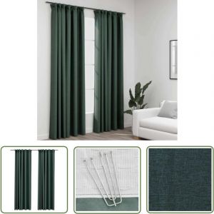 The Living Store - Rideaux occultants aspect lin avec crochets 2pcs Vert 140x245cm - Rideaux Occultants - Rideaux Lin - Rideaux Verts - D&eacute;coration