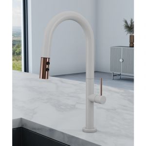 Mitigeur &eacute;vier moderne avec douchette extractible - Blanc, Or rose