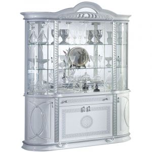 Vitrine 8 portes 1 tiroir bois vernis laqu&eacute; brillant blanc et gris Venus 163cm