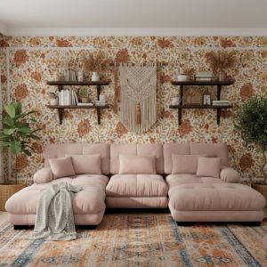 Canap&eacute; 3 places, Canap&eacute; Modulaire Chenille avec 2 Poufs &ndash; Grand Format en U, Convertible en Lit, Confort Profond pour Salon &ndash; Rose