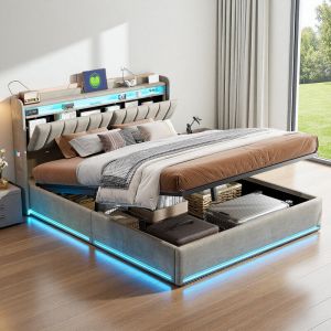 Lit coffre 140 x 190 cm avec sommier,lit double avec LED et multiprise,t&ecirc;te de lit avec rangement,lit 140x190 avec sommier &agrave; lattes en bois,velours