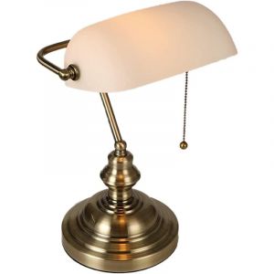Lampe de bureau de banquier en verre blanc mat avec interrupteur à chaînette et luminaire enfichable