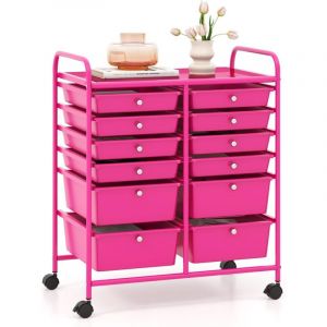 GOPLUS Chariot de Rangement 12 Tiroirs, Tour de Rangement &agrave; roulettes, Cadre en Acier, pour Chambre, Bureau, 64 x 38 x 75 CM (Rose) (Rose)