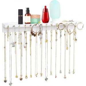 Porte-colliers, organisateur mural extra large am&eacute;lior&eacute; avec 30 crochets, support mural pour colliers avec plateau &agrave; bijoux/pr&eacute;sentoir &agrave; cosm&eacute;tiques,