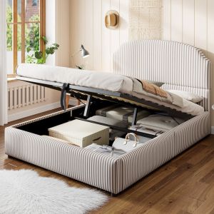 Lit coffre capitonn&eacute; 140x200 - Avec rangement sous le lit - Large t&ecirc;te de lit - Tissu ray&eacute; - Sommier &agrave; lattes - Gris (Matelas non inclus)