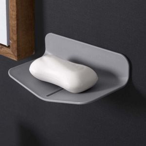 Porte-savon mural sans trou, porte-savon mural, porte-savon auto-drainant sans ventouse, pour distributeur de savon de douche de salle de bain (gris)