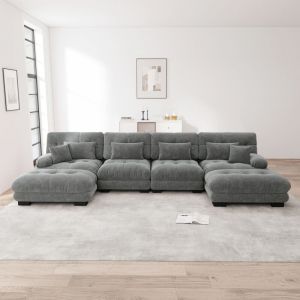 Canap&eacute; Modulaire 4 Places en U,Tissu en Chenille,Cadre en Bois Massif,Assise profonde,4 Coussins lombaire + 2 Coussins d&eacute;coratifs,Gris