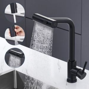 Robinet Cuisine Noir Cascade, Mitigeur Cuisine avec Douchette Extractible 3 Modes de R&eacute;glage, Robinetterie Evier Cuisine Escamotable Rotatif &agrave; 360&deg;