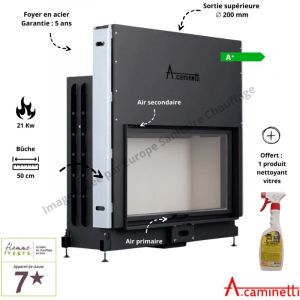 A Caminetti &ndash; Foyer &agrave; bois insert chemin&eacute;e 120 x 50 cm &ndash; Puissance 15-21 kW &ndash; Rendement 81% &ndash; Sortie fum&eacute;e 250 mm &ndash; Verre c&eacute;ramique r&eacute;sistant 800 &deg;C