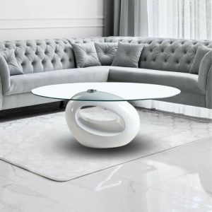 Table basse 115x65 cm avec plateau ovale en verre et cadre blanc brillant - Miranda
