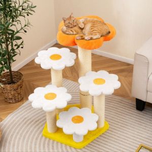 Arbre &agrave; Chat Fleur Mignon pour Chats d'Int&eacute;rieur avec Perchoir en Peluche Confortable Poteaux &agrave; Gratter en Sisal Plates-formes de Saut Jaune