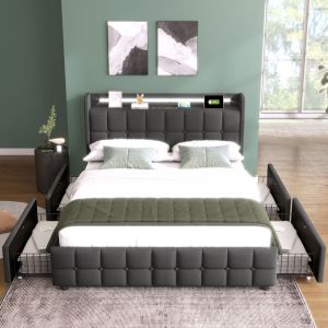 Lit 160x200 cm avec tiroir, lit adulte led, lit capitonné gris avec fonction de chargement usb, cadre de lit avec 4 tiroirs, sans matelas