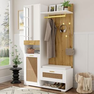 Wishdor - Vestiaire d'entrée - armoires avec miroir - 5 patères dorées - armoire à chaussures - portemanteau mural, banc et éclairage led