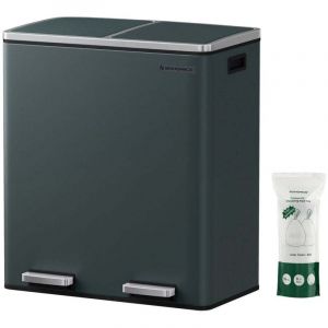 Poubelle 2 p&eacute;dales poubelle avec double compartiment 2 x 30 litres anti-traces de doigts inox seau int&eacute;rieur plastique avec poign&eacute;e vert