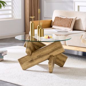 Table basse ronde 79x79x45 cm, plateau en verre et pieds en MDF, bois naturel