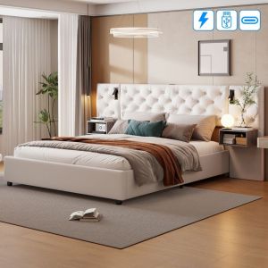 Lit coffre 160x200 cm, avec led lampes cylindrique, 2 table de chevet, usb, rangement, sommier à lattes en bois, cadre en métal, lit capitonné en