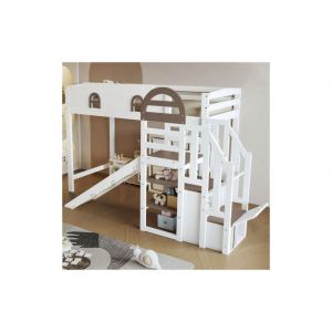 Lit mezzanine 90x200 cm, lit enfant avec fenêtre, toboggan, escalier, armoire d'escalier, étagère de rangement, pin et MDF, blanc et marron
