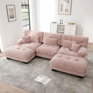 Canap&eacute; nuage extra-large en forme de U, canap&eacute;-lit convertible avec repose-pieds, chenille- Rose