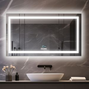 Miroir Salle de Bain LED Bluetooth - 100&times;60cm Miroir lumineux de salle de bain Regtanglaire Anti Bu&eacute;e, Affichage de L'heure et Temp&eacute;rature, Miroir
