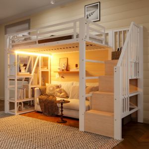 Lit mezzanine en m&eacute;tal 90x200 cm avec LED int&eacute;gr&eacute;e,lit sur&eacute;lev&eacute; avec rangements et &eacute;tag&egrave;res,escalier s&eacute;curis&eacute;,structure robuste style industriel,Blanc