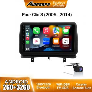 AWESAFE Autoradio Android 13 pour Renault Clio 3 (2005-2014) 2Go+32Go avec 9'' &eacute;cran Tactile Carplay Android Auto Camera de recule