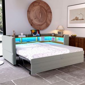 Lit gigogne 90/180x190cm, &eacute;clairage LED, prises &eacute;lectrique, port USB-Type-C, compartiments de rangement, sans matelas, gris clair