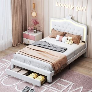 Fortuna Lai - Lit enfant fille 140x200 cm avec rangement, lit princesse avec sommier à lattes, tête de lit en couronne, 1 tiroir, lit simple