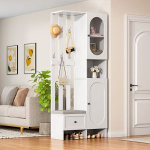 Armoire blanche avec 2 armoires, ensemble de penderie, armoire d'entr&eacute;e, porte-manteau avec banc &agrave; chaussures et coussin, 85x33,5x200 cm