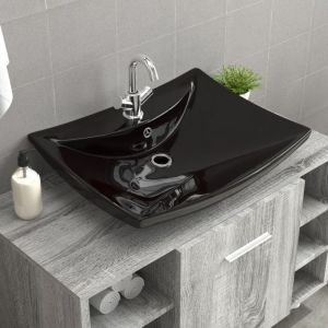 Design In - Vasque &agrave; poser Lavabo &Eacute;vier &agrave; poser Bac &agrave; laver rectangulaire en c&eacute;ramique noir de luxe avec trop-plein et trou CVW65722