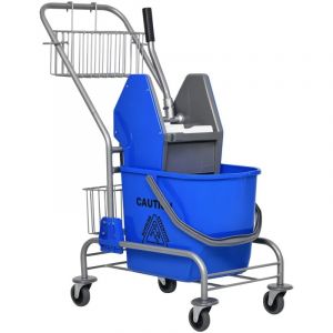 Chariot de m&eacute;nage chariot de lavage chariot de nettoyage professionnel presse &agrave; m&acirc;choire seau 26 L + panier de rangements dim. 73L x 45l x 95H cm bleu
